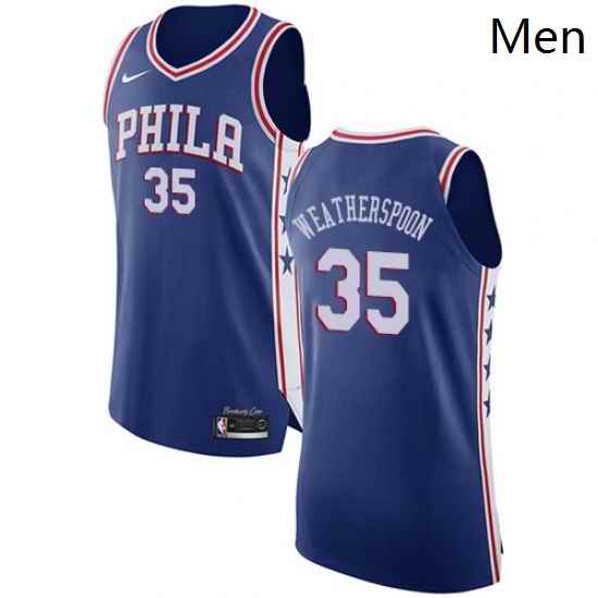 Mens Nike Philadelphia 76ers 35 Clarence Weatherspoon Authentic Blue Road NBA Jersey Icon Edition